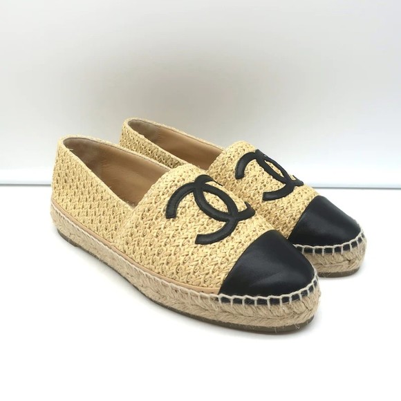 Chanel 22P CC Cap Toe Espadrilles Beige Braided Fabric & Black Leather Size 37 - Picture 2 of 11